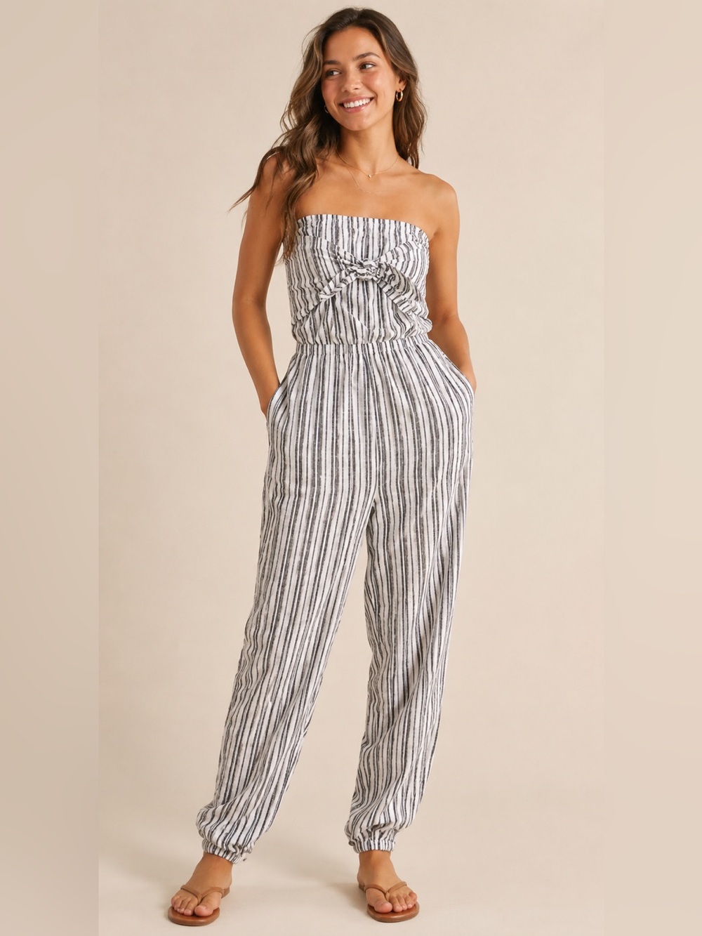 Aerie Strapless Striped Cotton Jumpsuit Romper Gray White Tie Front Jogger Med